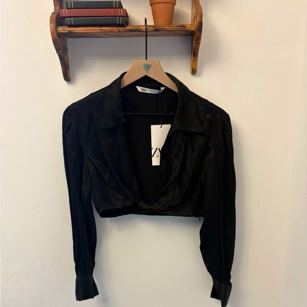 Zara Black Satin Crop Top Knotted Center Collared Viscose Size M